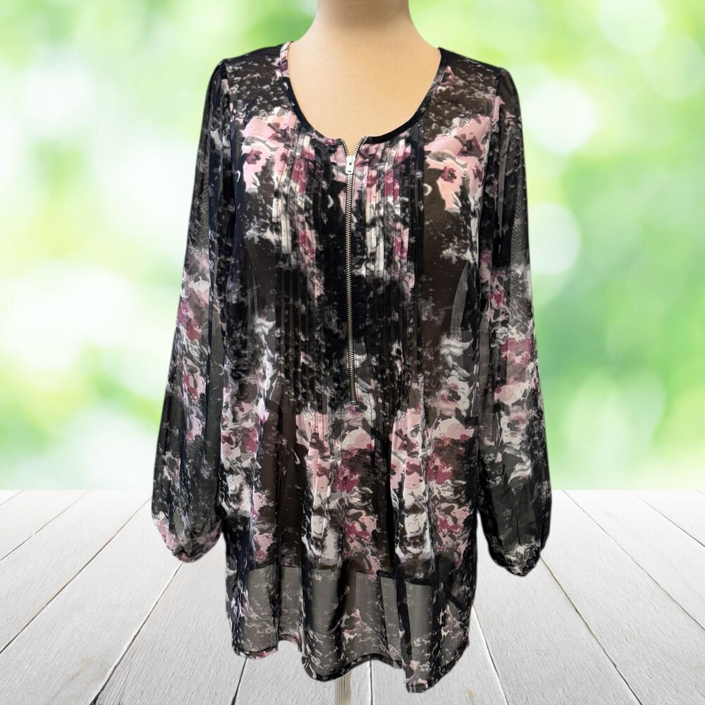 Vtg Y2K TOGETHER Zip Front Tunic Blouse Pin Tuck Floral Black Pink Romantic Sz 8